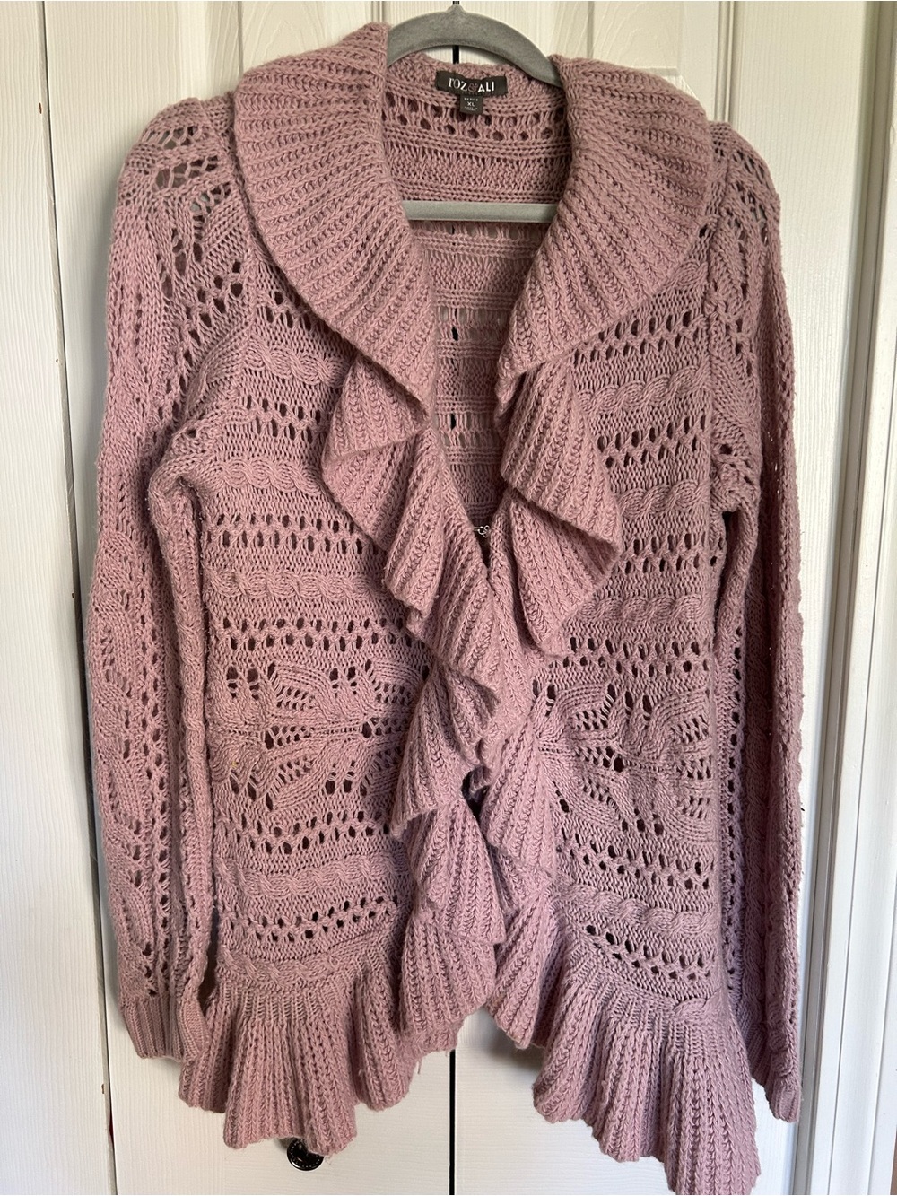 Roz & Ali Ruffled Open Knit Cardigan Sweater - Dusty Rose
